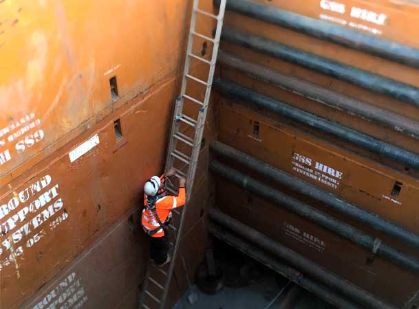 Leppington Pezzimenti Microtunnelling operator climbs out of deep shaft